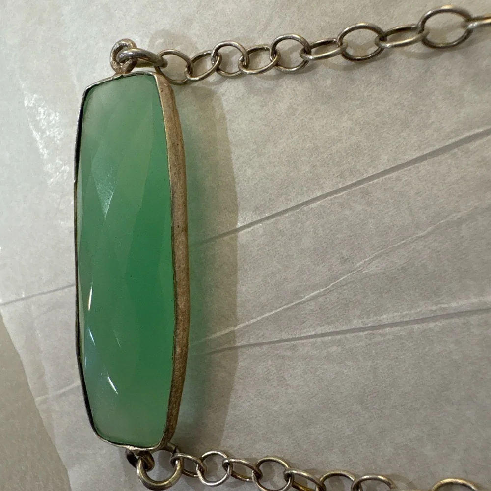 Green Chalcedony Sterling Silver Bezel Set Necklace Artisan Style.  17”